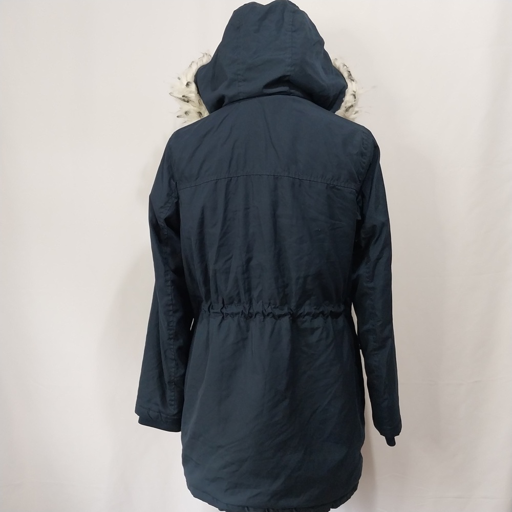 Tiffosi Navy Blue Hooded White Faux Fur Zip Up Button Down Long Sleeve Jacket M - Picture 13 of 15